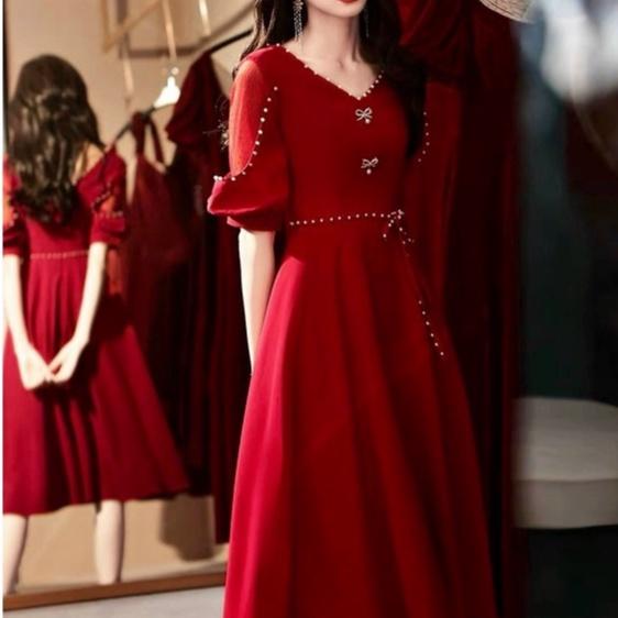 Đầm váy nữ cổ V đính ngọc dự tiệc dạo phố màu đỏ sang trọng tiểu thư