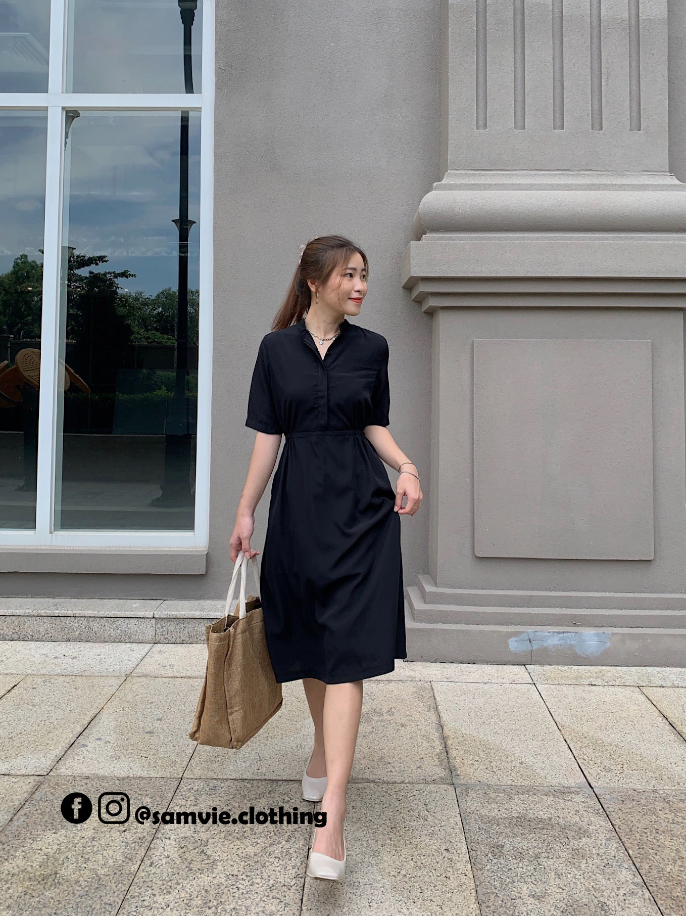 Đầm đen dài kiểu sơ mi cổ trụ Samvie