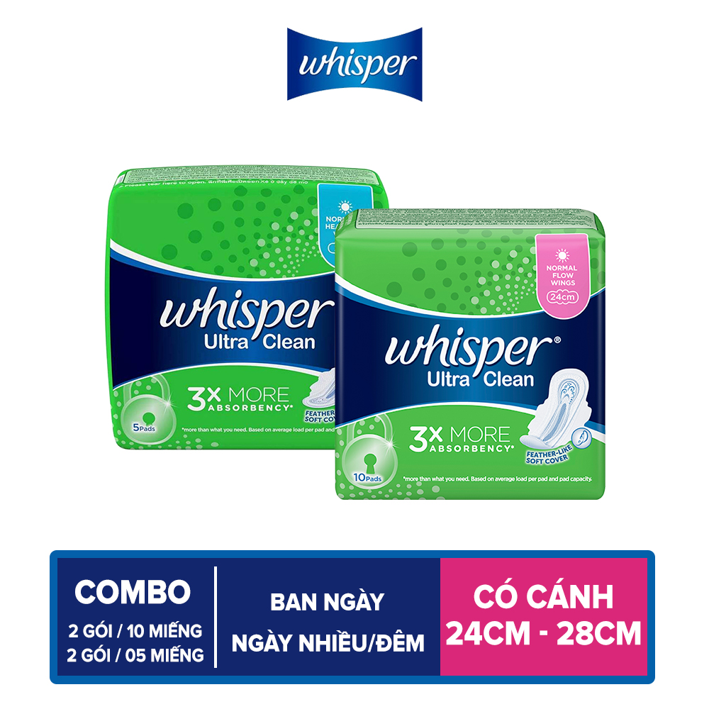 Combo BVS Whisper Ngày và Đêm (Whispers Ultra Ngày 10 miếng x 2 - Ultra Ngày nhiều/Đêm 5 miếng x 2)