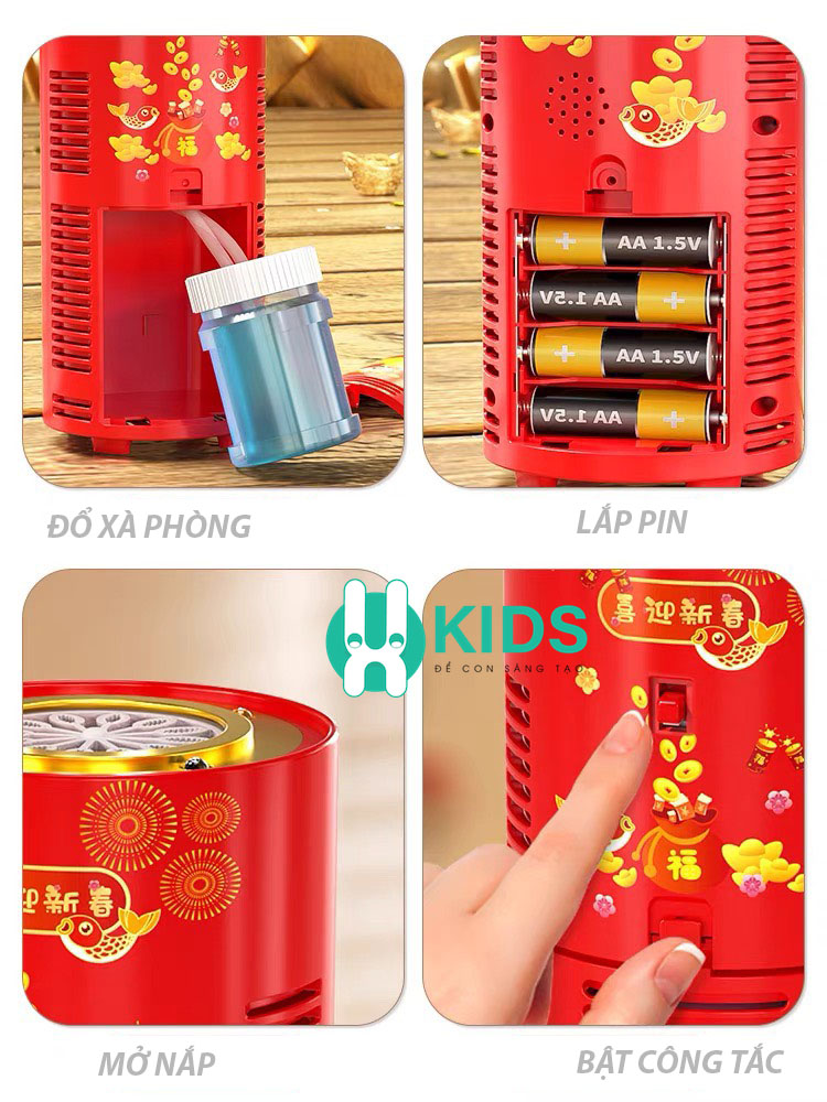 Máy phun thổi bong bóng tự động pin sạc có đèn led, phát nhạc loại cao cấp - Đồ chơi Tết năm mới vui nhộn cho bé