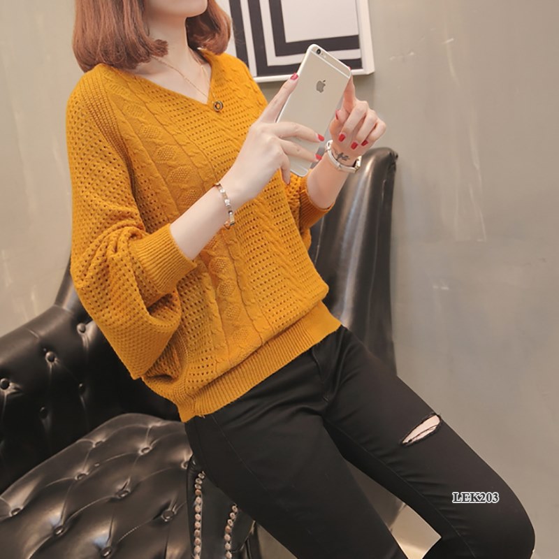 Áo len nữ cao cấp, thiết kế cánh dơi, cổ V Hàn Quốc - kiểu đan lưới rỗng thoáng khí hợp với mùa Xuân, Thu