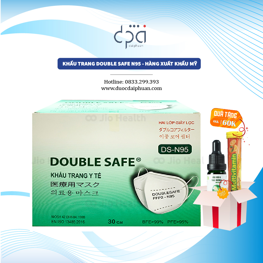 [Mua 1 tặng 2] Khẩu trang Double Safe N95 Hộp 30C - Tặng 1 tube Sủi Multivitamin C và 1 chai Tinh Dầu Mù u