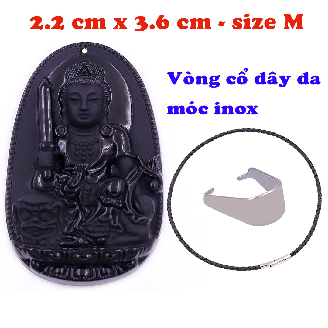 Mặt Phật Văn thù thạch anh đen 3.6 cm kèm vòng cổ dây da đen - mặt dây chuyền size M, Mặt Phật bản mệnh
