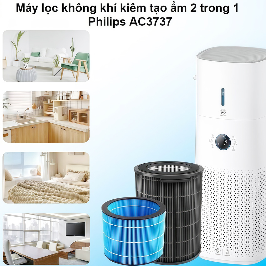 Máy lọc không khí kiêm máy tạo độ ẩm 2 trong 1, công nghệ hiện đại NanoCloud. Thương hiệu Hà Lan cao cấp Philips - AC3737/00. Hàng chính hãng