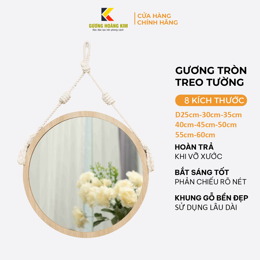 Gương Tròn Treo Tường Dây Thừng Viền Gỗ MDF, Gương Trang Điểm Viền Gỗ 8 Kích Thước 25-60cm, Bảo Hành Bể Vỡ Đổi Mới 100