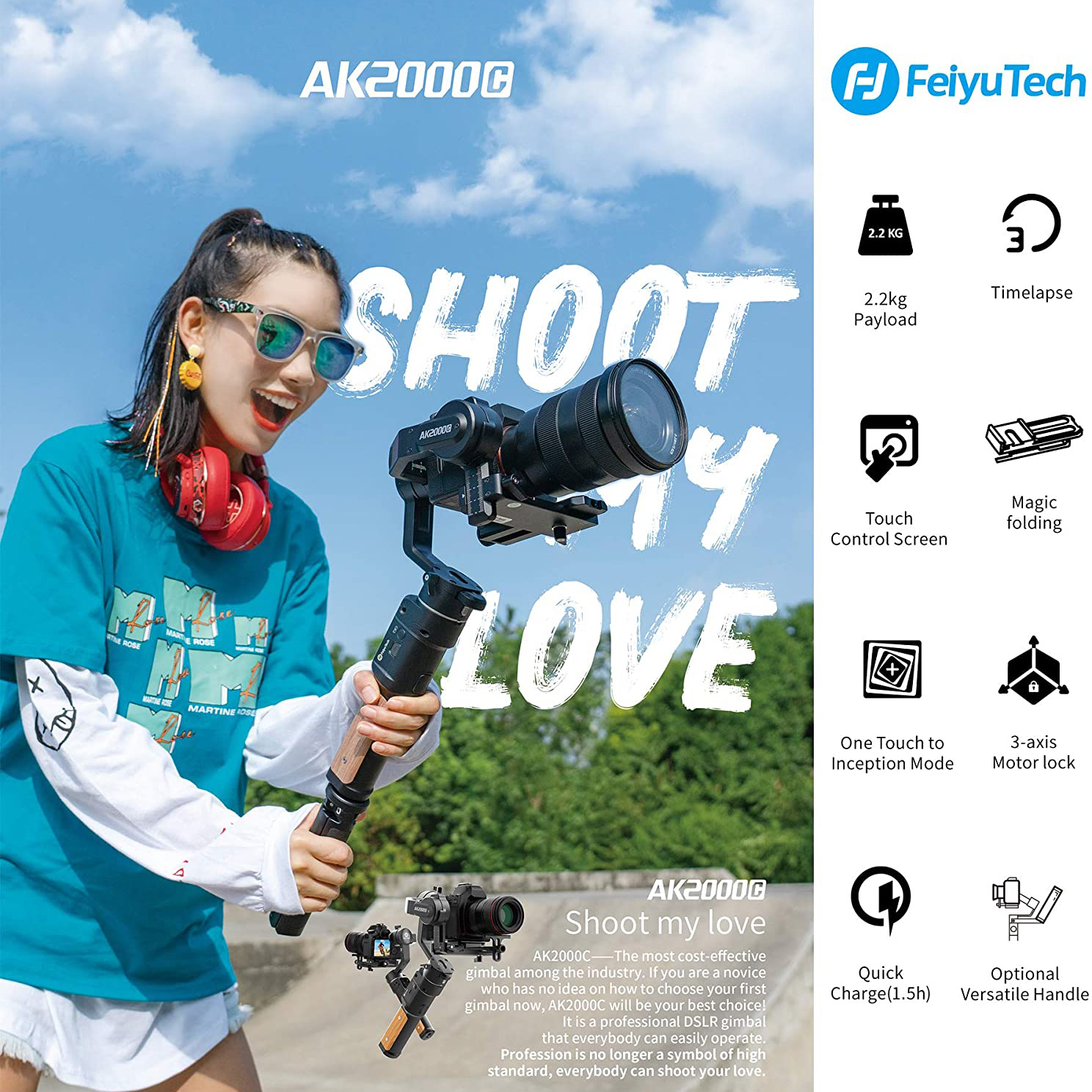 Feiyu AK2000C Gimbal - Tay Cầm Chống Rung Chuyên Dụng Cho Máy Ảnh, Tải Trọng 2.2 Kg [Tặng Báng Cầm] - Hàng Chính Hãng