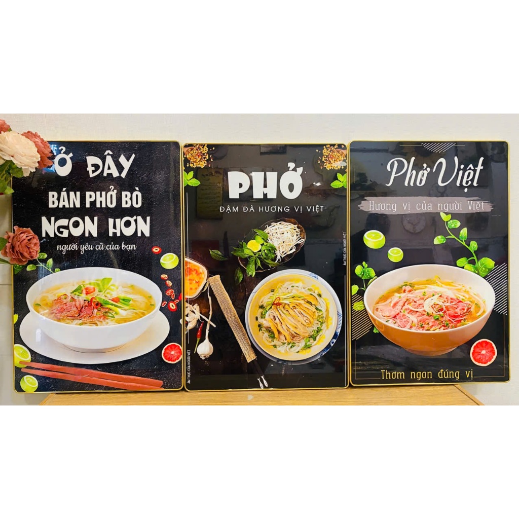 (ẢNH CHỤP THẬT)Tranh treo tường tráng gương trang trí quán phở bò kèm đinh treo