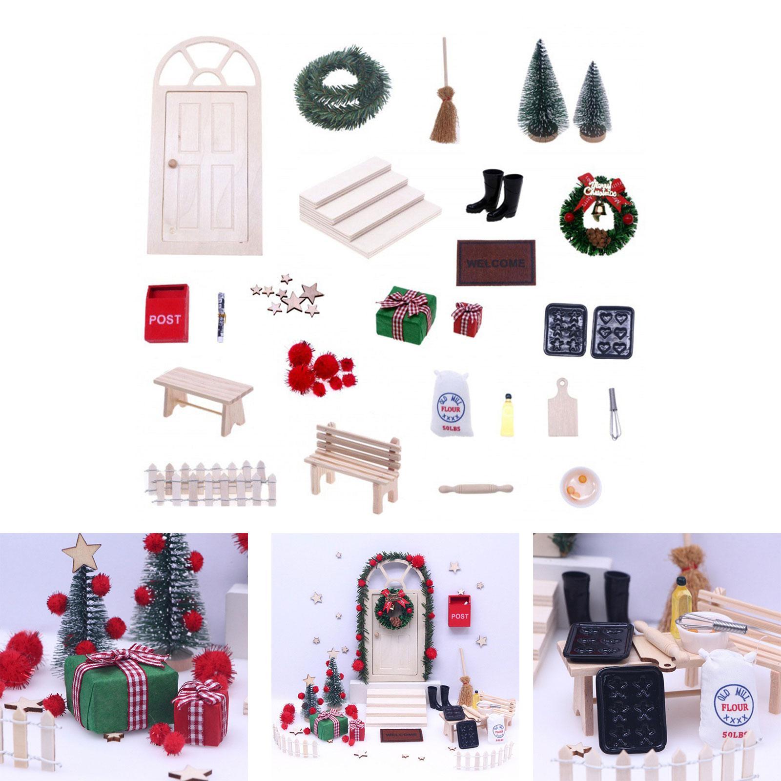 27Pcs Tiny Fairy Wooden Doors Xmas Miniature Decorations, 1:12 Doll House Scene Props for Railroad Architectural