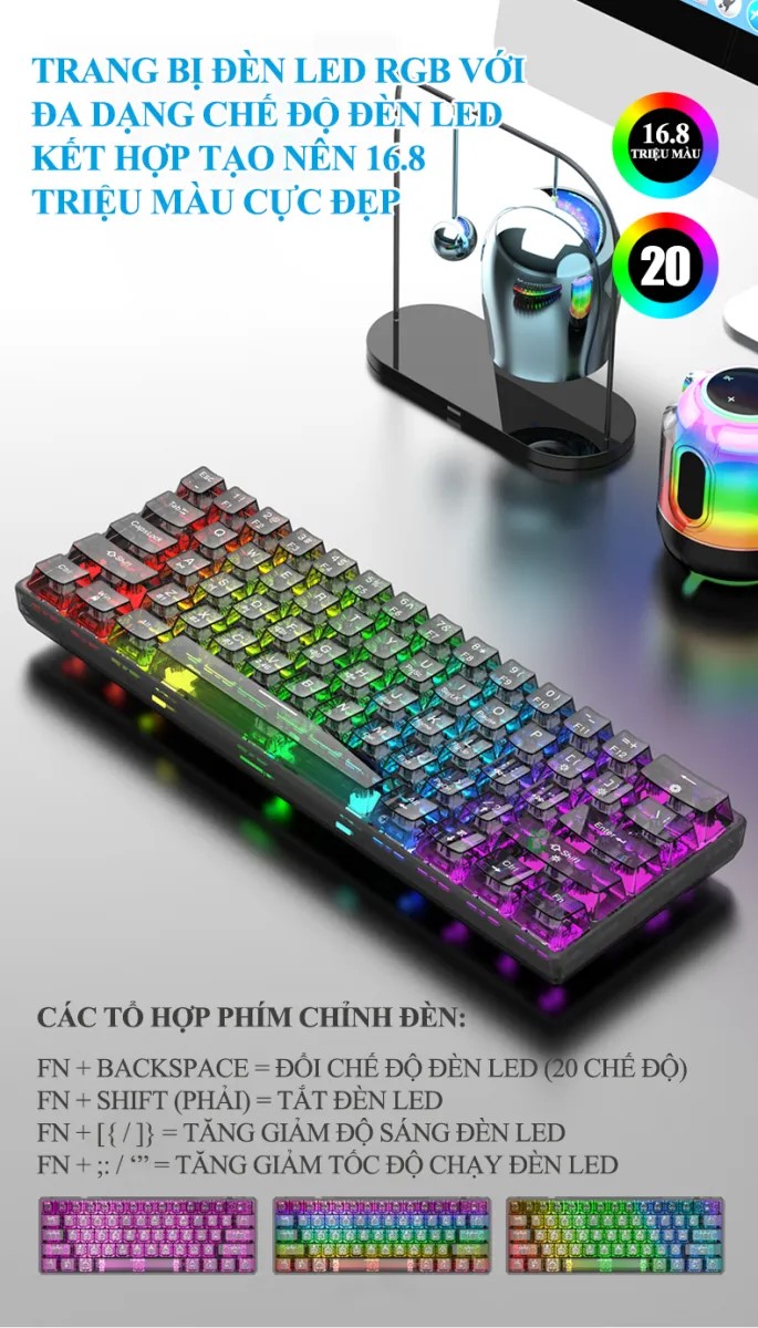 Bàn phím cơ không dây chuyên game XUNFOX K30PRO thiết kế trong suốt mới lạ kết nối 3 chế độ với 20 chế độ đèn led RGB