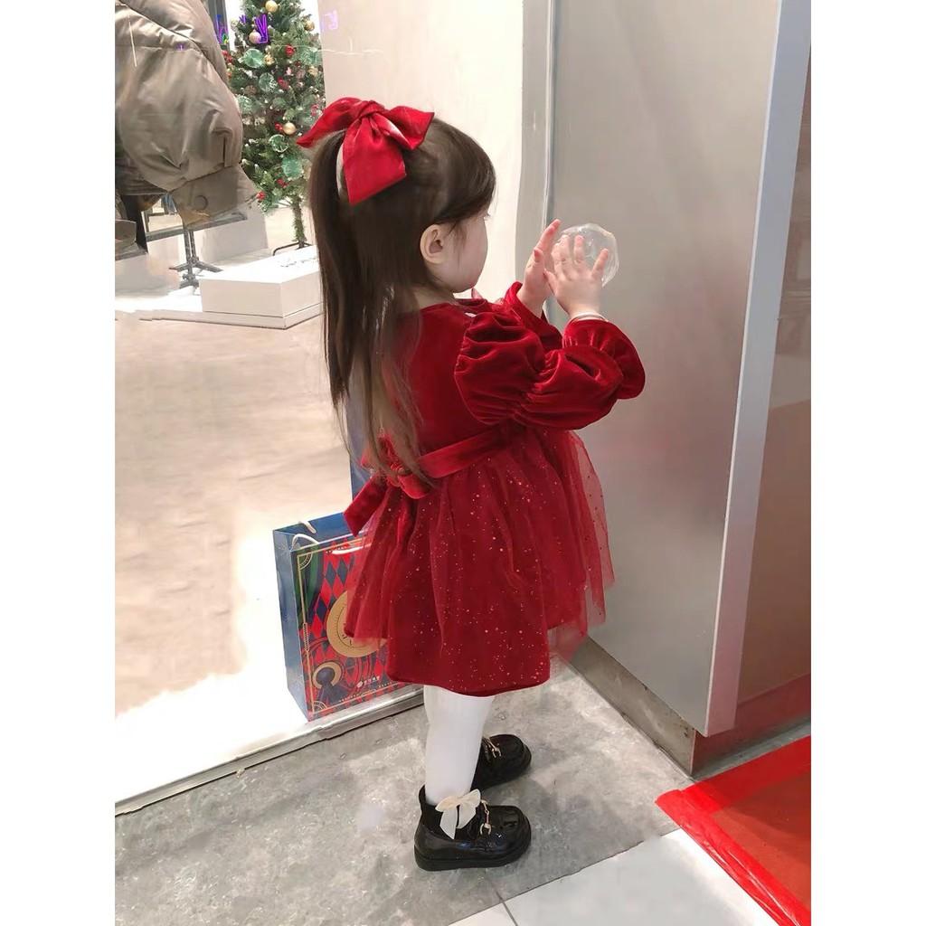 Váy nhung đỏ 2 nơ chân váy kim sa bé gái
