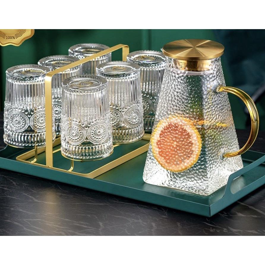Set bình đựng nước uống thủy tinh kèm 6 cốc khay và giá úp cốc