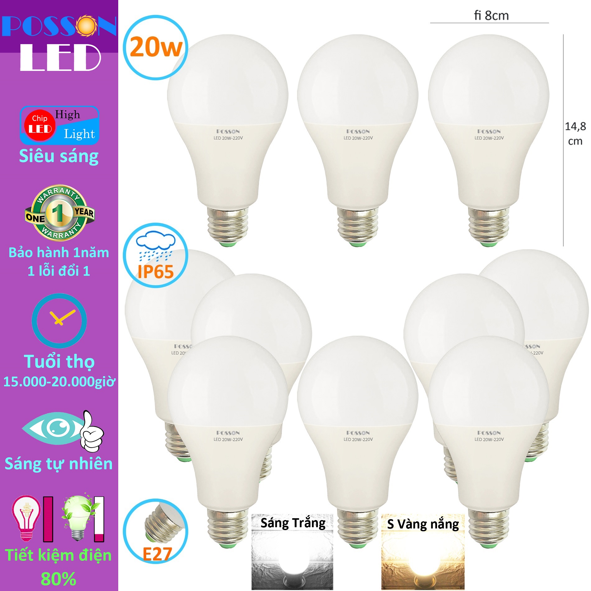 10 Bóng đèn Led 20w bup tròn A80 tiết kiệm điện siêu sáng thân kín chống nước mưa Posson LB-20x