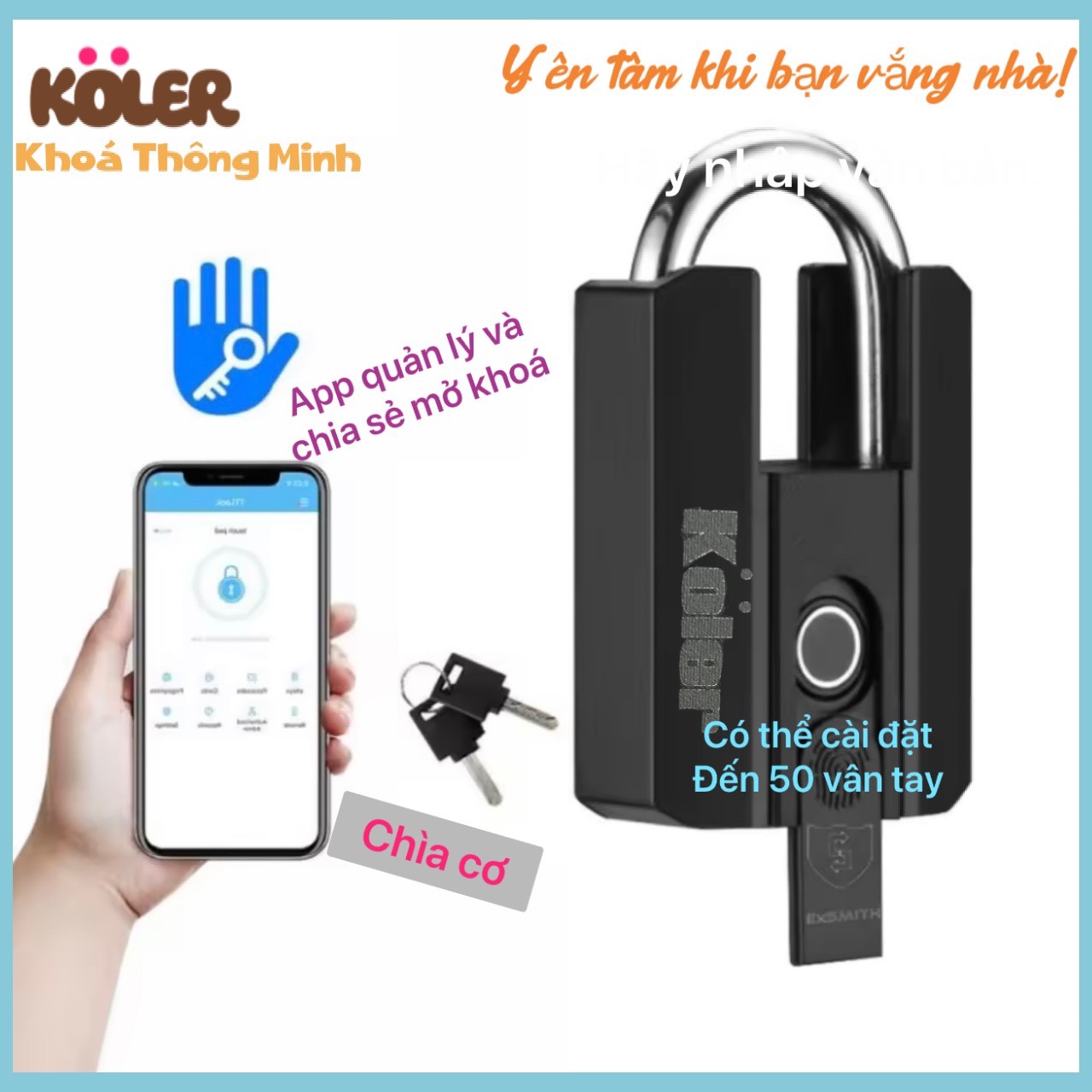 Khóa Móc Vân Tay Chống Cắt KOLER. Mở Bằng APP, Vân Tay Và Chìa Cơ. Tiện Lợi Chống Nước.