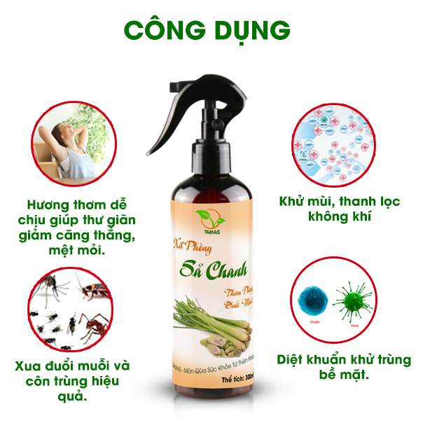 Xịt Thơm Phòng Khử Mùi Đuổi Muỗi Hương Sả Chanh Chai 300ml - Kháng Khuẩn, Khử Mùi Hôi, Đuổi Muỗi Và Các Loại Côn Trùng, Hương Thơm Thư Giãn, Thành Phần Tự Nhiên, An Toàn Cho Người Dùng