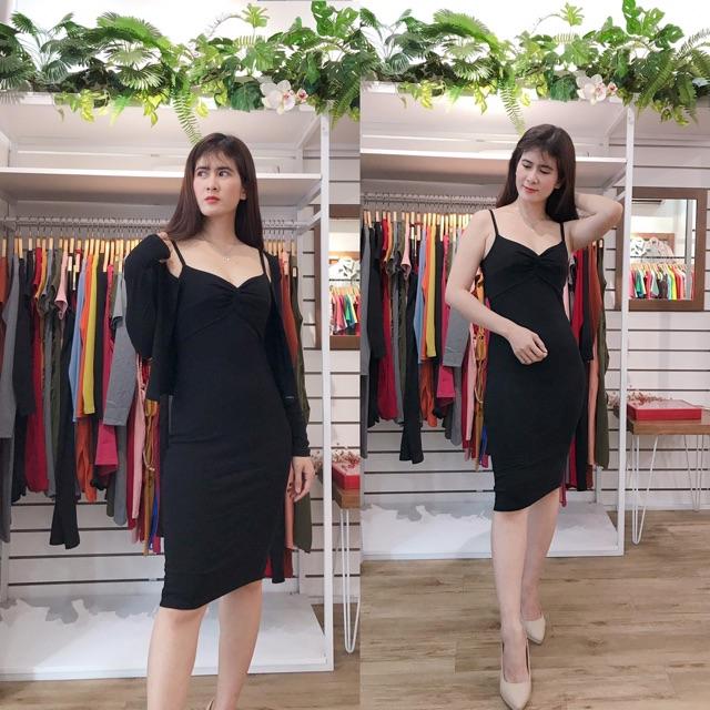 F497 ĐẦM ÔM BODY 2 DÂY XOẮN NGỰC KÈM ÁO KHOÁT
