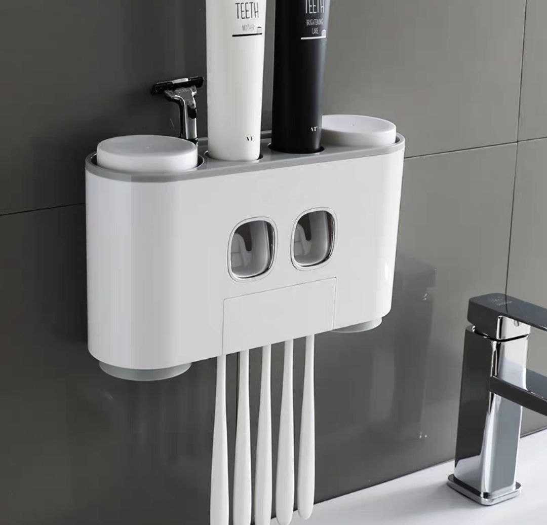 Hộp kệ đựng bàn chải kem đánh răng kèm 4 cốc 2 cửa nhả kem đánh răng thông minh dán tường vô cùng chắc chắn không cần khoan tường hay dùng ốc vít E-1802