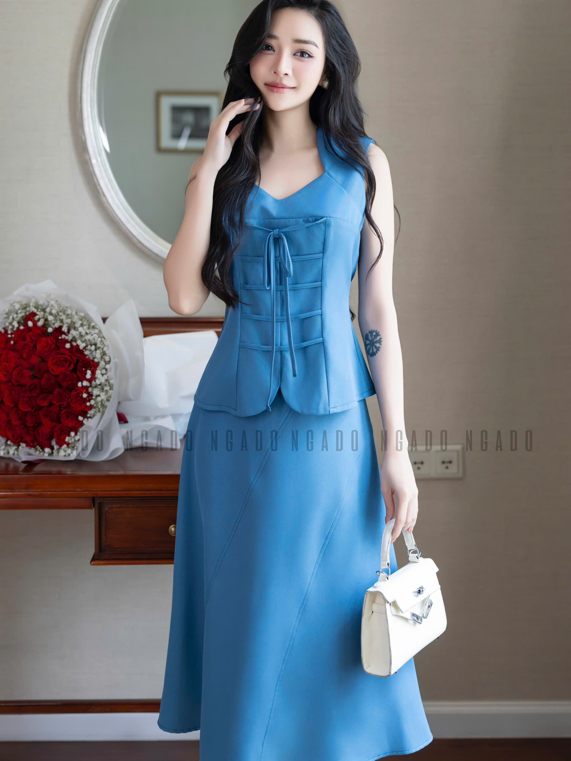 Set áo váy xanh sát nách NGADO , set áo váy , set dự tiệc , công sở