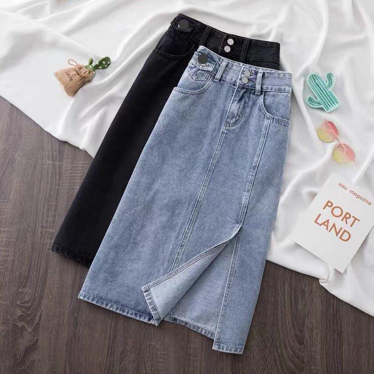 (Sẵn+ Ảnh Thật) Chân Váy Jeans Dài Cạp Cao Xẻ Gấu, Váy Jeans Chữ A DENIM cạp cao