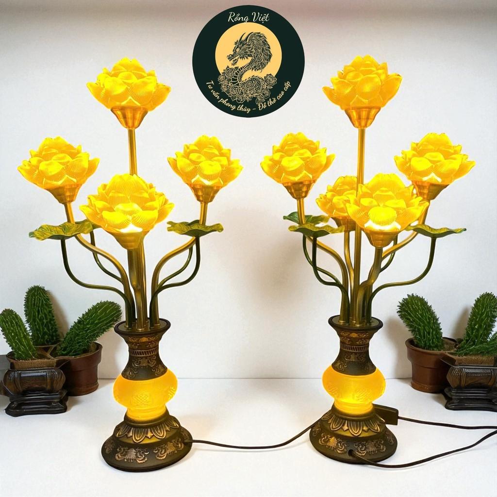Đèn thờ 5 bông lưu ly RỒNG VIỆT - Thiết kế tinh xảo, thân đồng sắc nét, cho ban thờ thần tài.