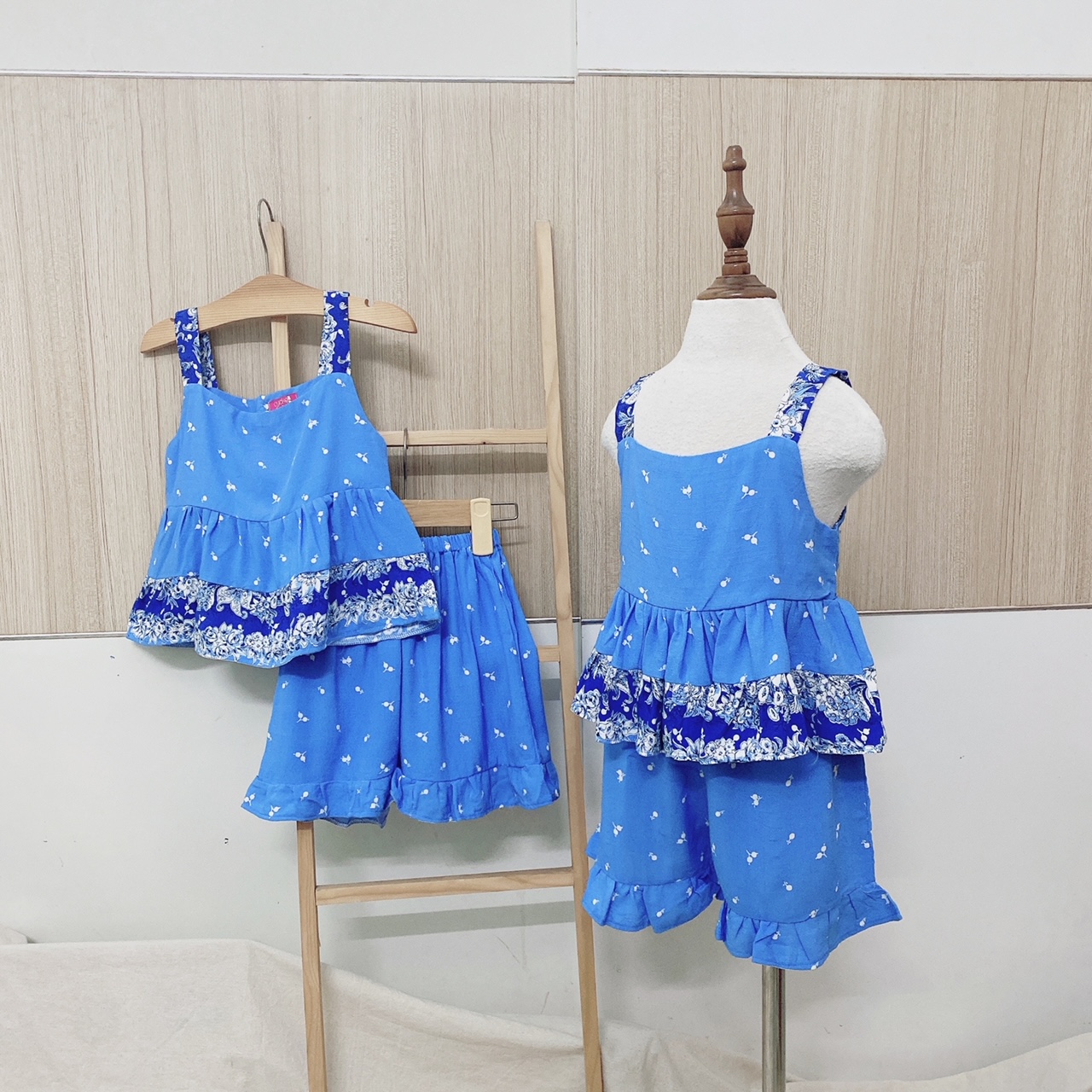 Bộ hai dây bé gái lụa hoa xanh