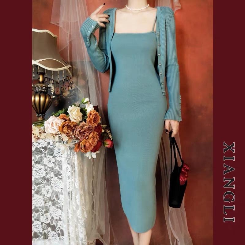 Set áo cardigan len và váy dây midi len cao cấp 2021