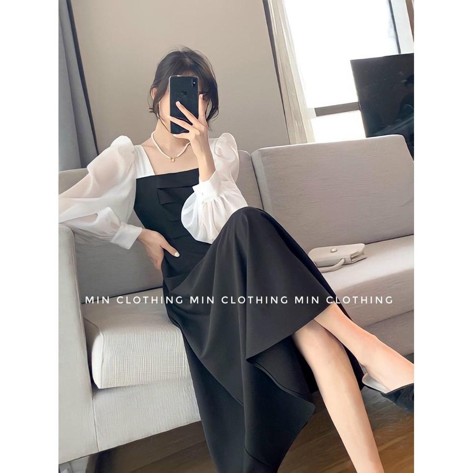 Đầm váy midi cổ vuông dài tay xếp ly ngực thời trang nữ dạo phố, dự tiệc