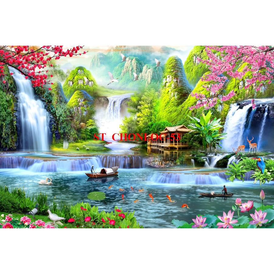 Tranh dán tường 3D Sơn Thủy - Hữu Tình , Hàng loại 1 Cao Cấp