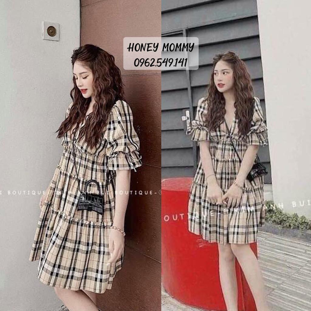 Váy Bầu Kẻ Caro Váy Bầu Tay Bồng Dáng Xòe HD2820 Honey Mommy