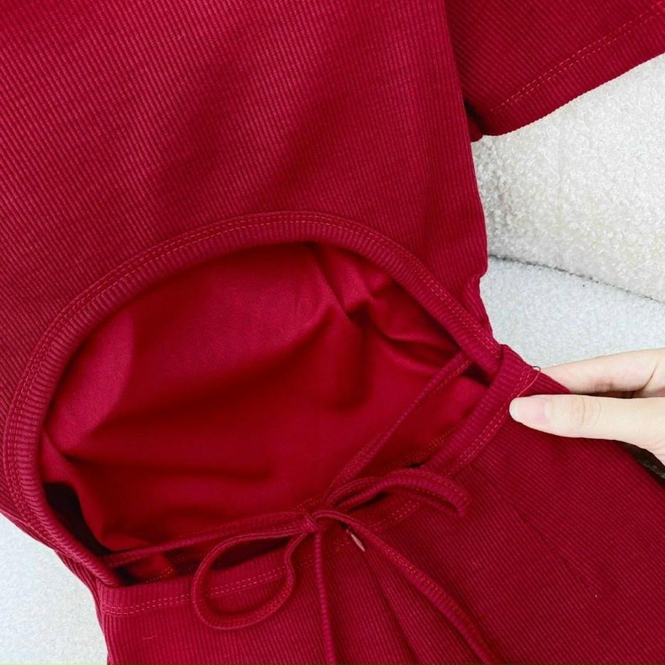 Đầm thun xoè midi hở lưng dây cột nơ siêu hot