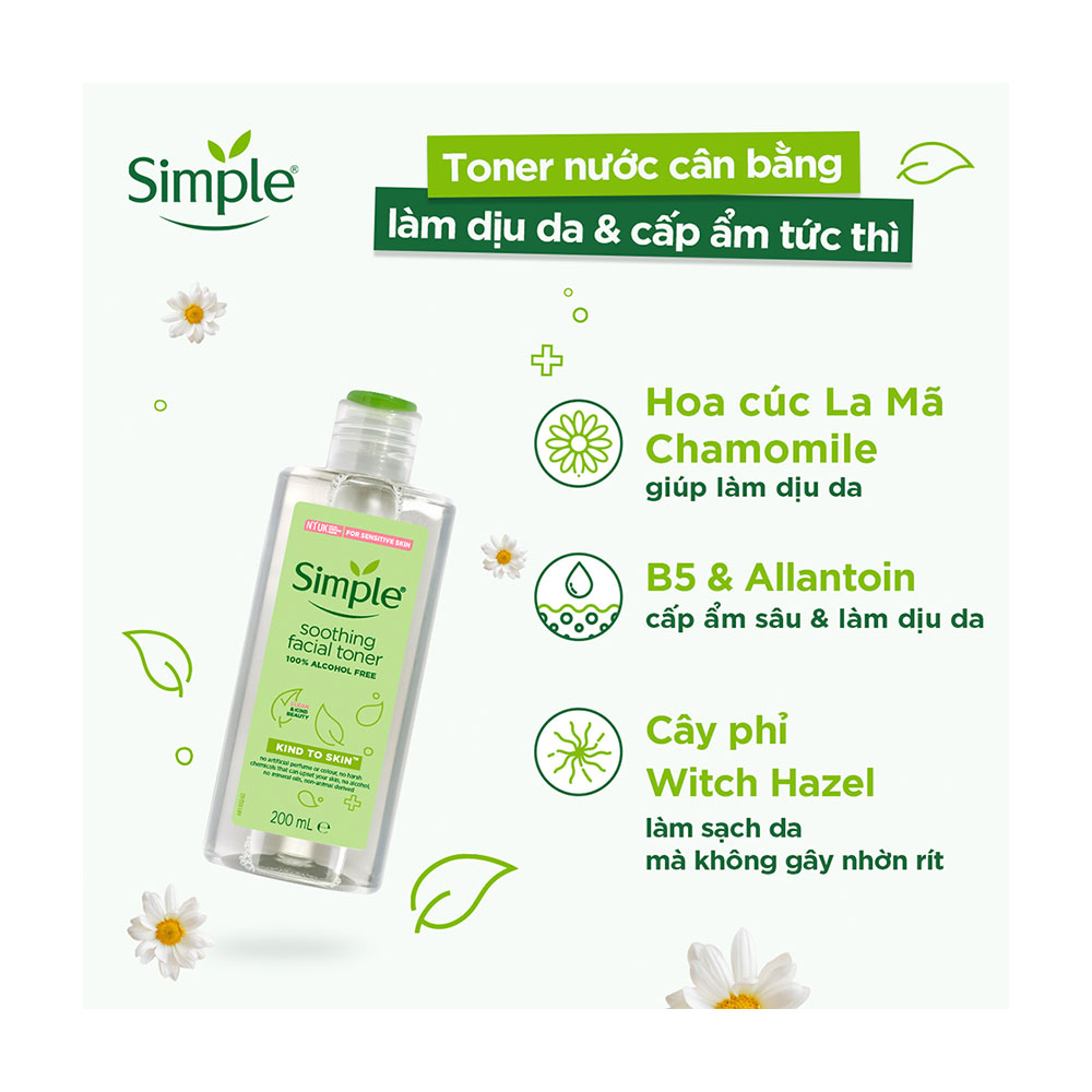 Nước hoa hồng làm dịu và cân bằng pH Simple Soothing Facial Toner dành cho mọi loại da (200ml)