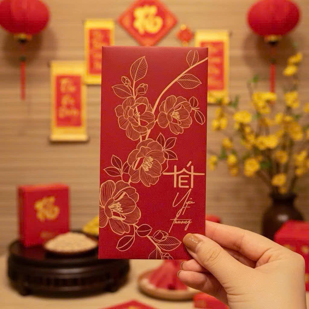 Bao Lì Xì Chữ Tết Họa Tiết Gấm Hoa Đỏ May Mắn 2026