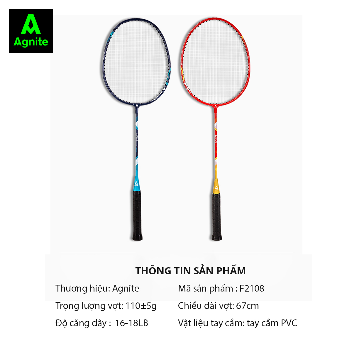 Cặp vợt cầu lông siêu nhẹ quấn cao su Agnite - 2 chiếc màu khác nhau - Kèm túi bao cao cấp - Phù hợp thể thao vận động - F2108