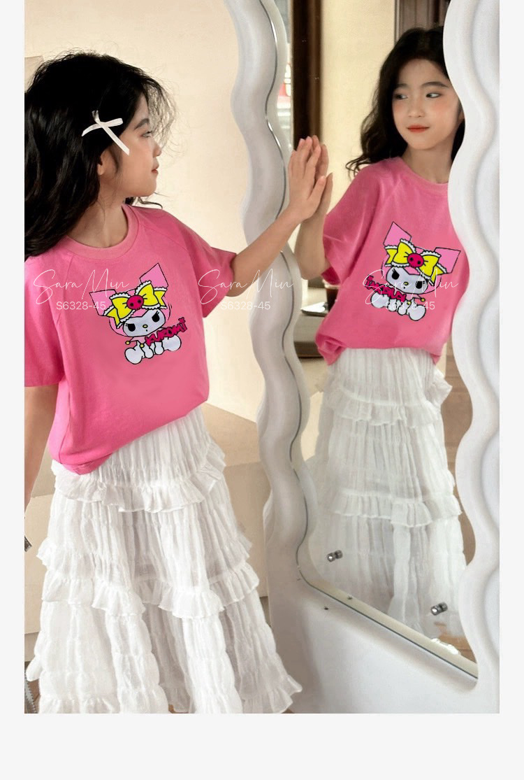 [Từ 1 đến 12 tuổi] Set váy áo cotton hồng Kuromi mềm mát đi biển đi học in Pe bé gái đến 45kg