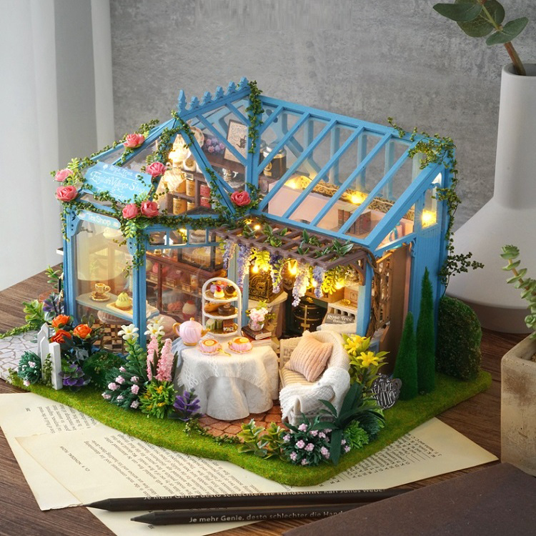 Mô hình nhà DIY Doll House Rose Garden Tea House Kèm Đèn LED, Hộp nhạc và MICA chống bụi