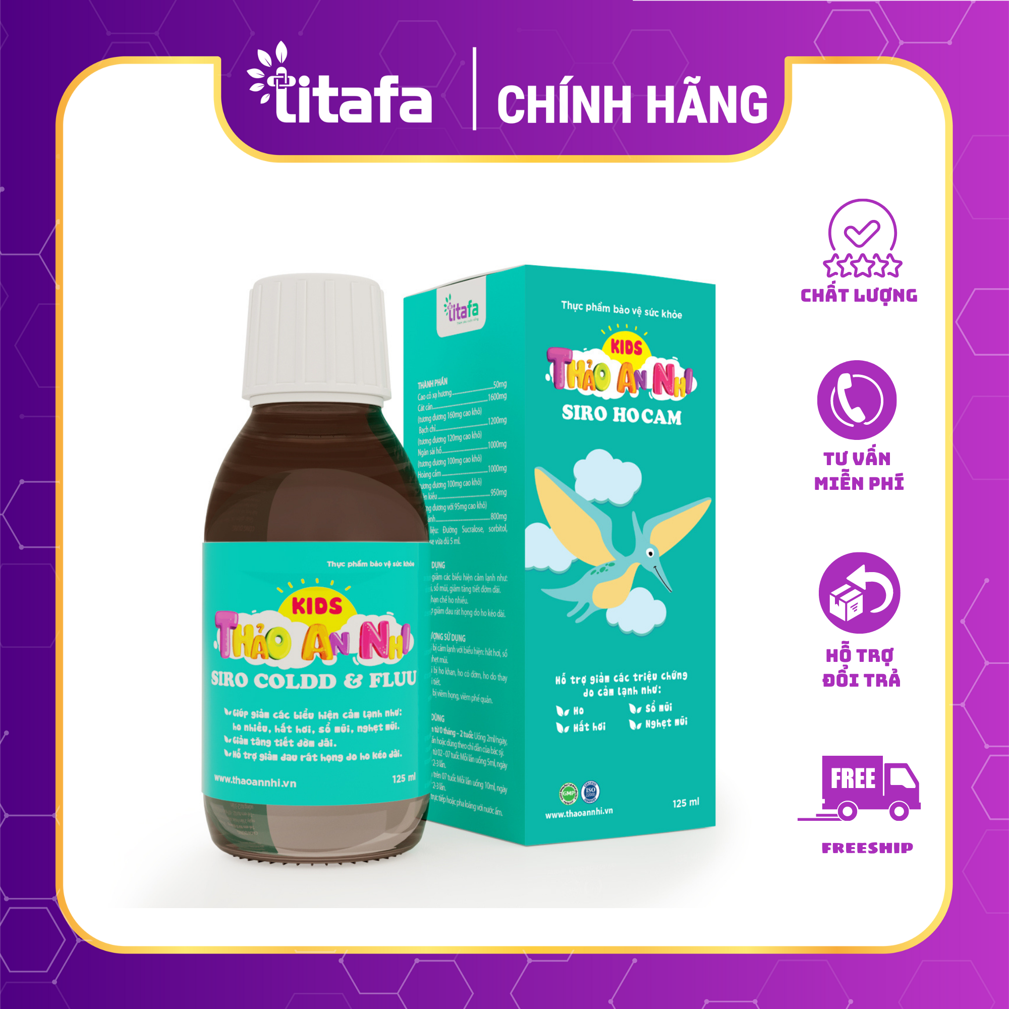 Siro HO CẢM KIDS THẢO AN NHI - Giảm các triệu chứng ho, nghẹt mũi, sổ mũi do cảm lạnh ở trẻ - Chai 125ml