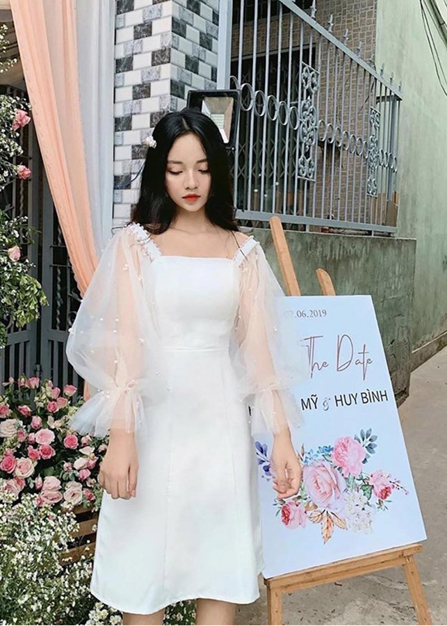 Đầm dự tiệc tay lưới đính hạt cao cấp