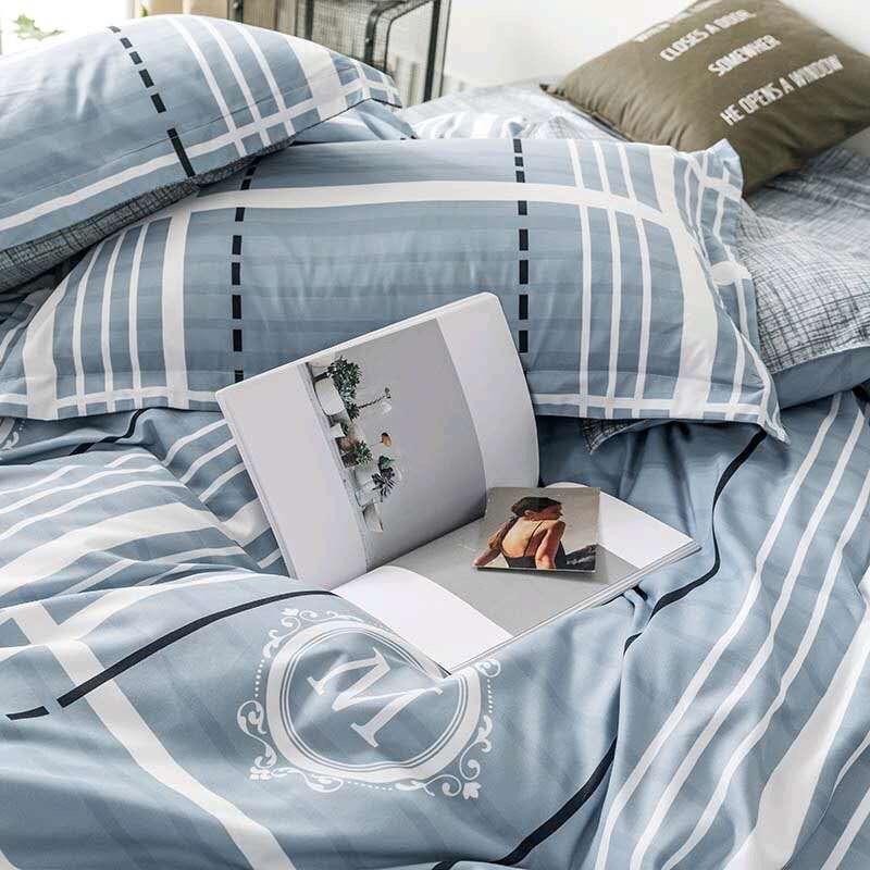 Bộ chăn ga Cotton poly M2T bedding chăn ga Hàn Quốc kẻ chữ M đủ size miễn phí bo chun