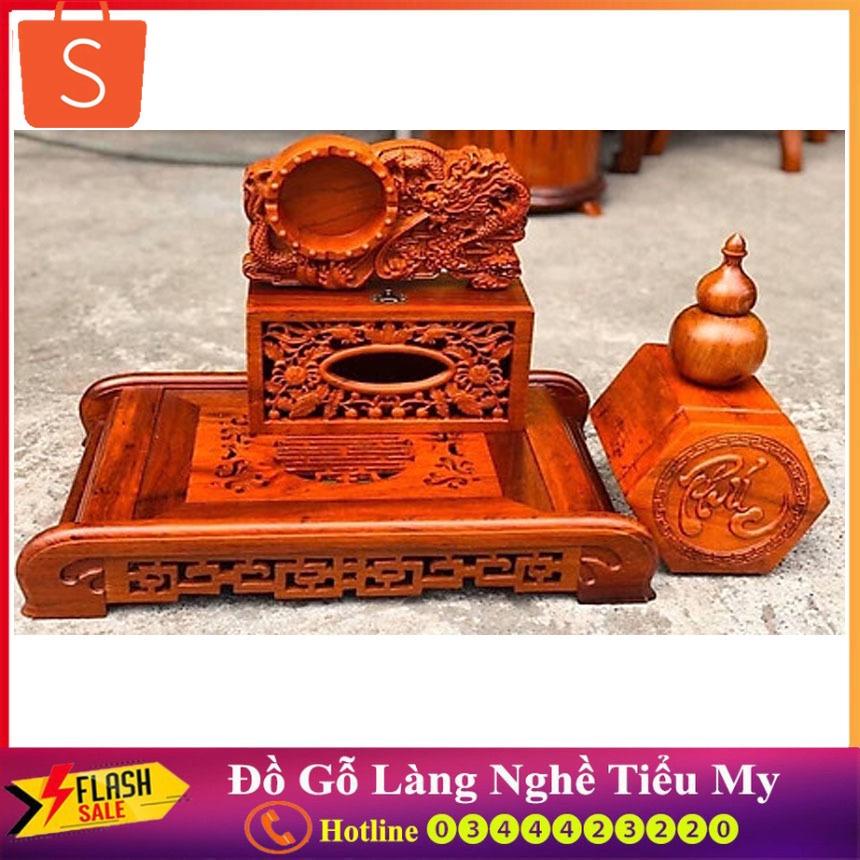 Combo 5 món khay trà, hộp đựng giấy, gạt tàn, hộp chè, lọ đựng tăm siêu đẹp gỗ Hương