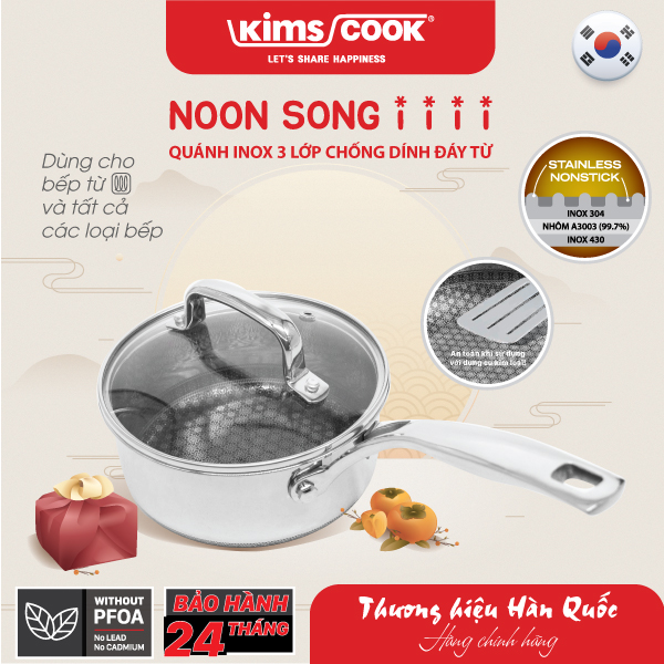 Quánh KIMS COOK Noon Song inox 3 lớp đáy từ nắp kính chống dính 2 mặt