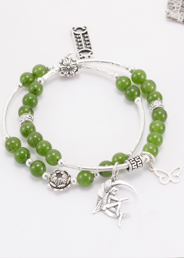 Vòng 2 Line Ngọc Bích Phối Charm Hoa Sen Bạc 6mm Ngọc Quý Gemstones