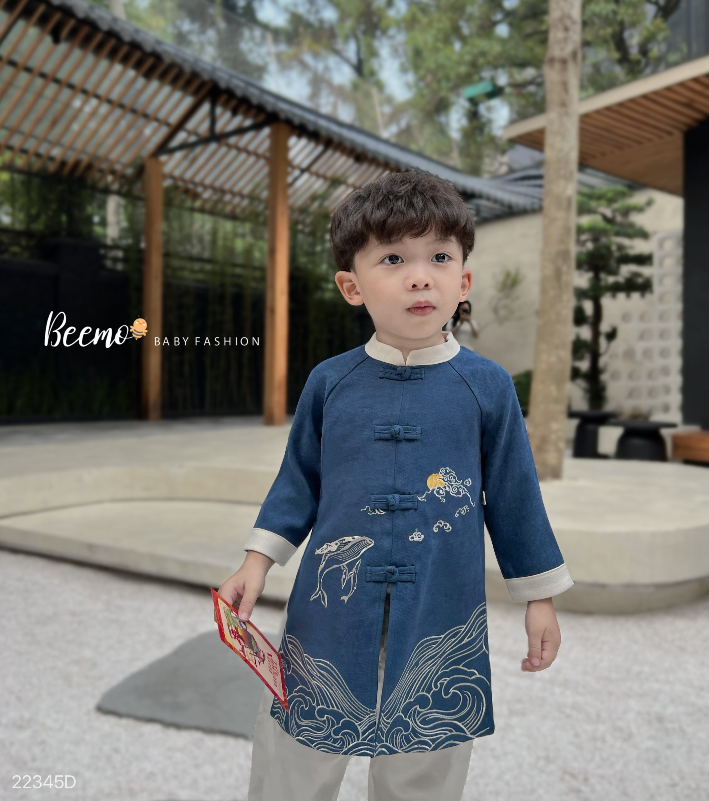 Áo dài cách tân bé trai, Quần áo tết cho bé 9m-6 tuổi thêu hình phối cúc tàu hàng thiết kế vải nhung chéo dáng thời tráo