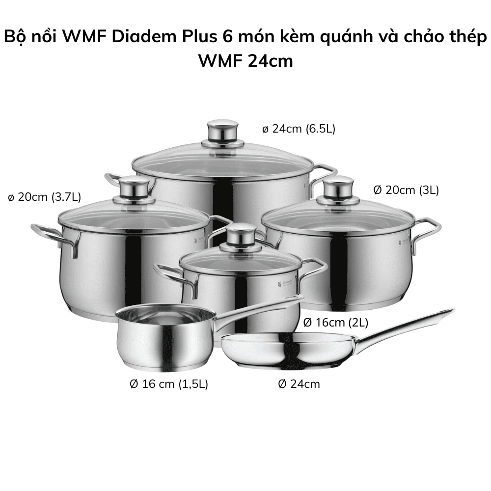 Bộ nồi WMF Diadem Plus 6 món kèm quánh và chảo thép WMF 24cn Hàng chính hãng