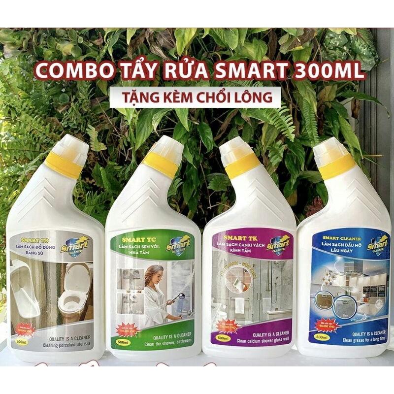 Combo 4 Chai Nước Tẩy Rửa SMART:u Tẩy kính siêu sạch, sen vòi inox, Tẩy dầu mỡ đồ nhà bếp, dung dịch làm sạch đồ sứ