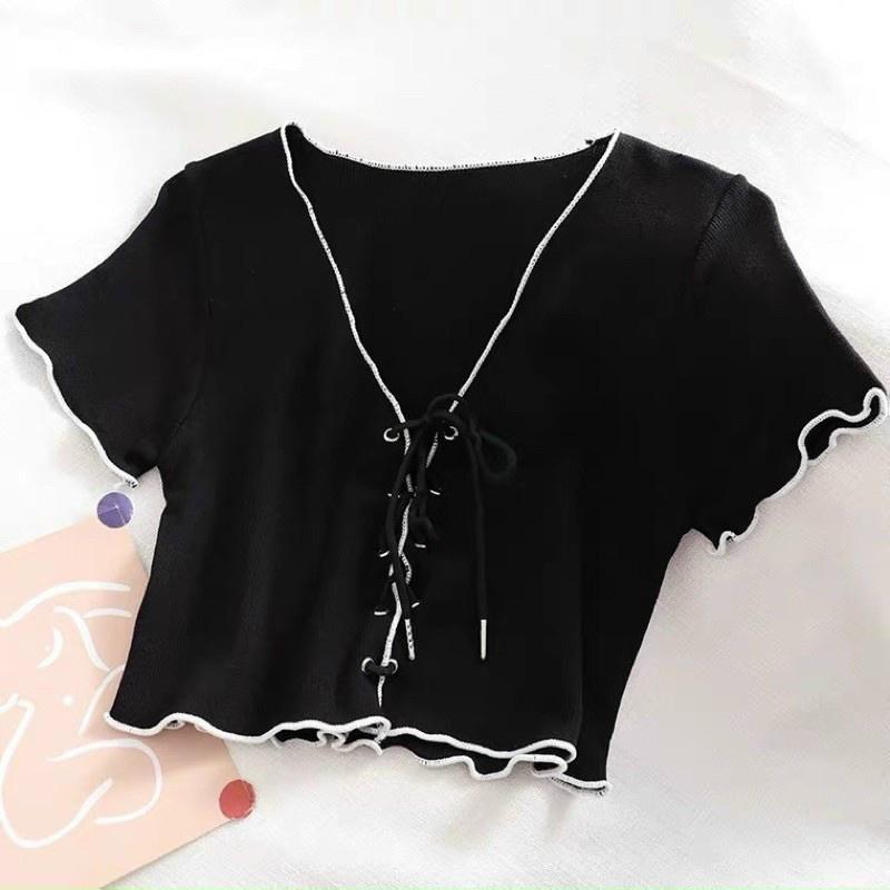 Áo croptop kiểu nữ tay ngắn phong cách Hàn quốc thiết kế đan dây trước ngực- AO081