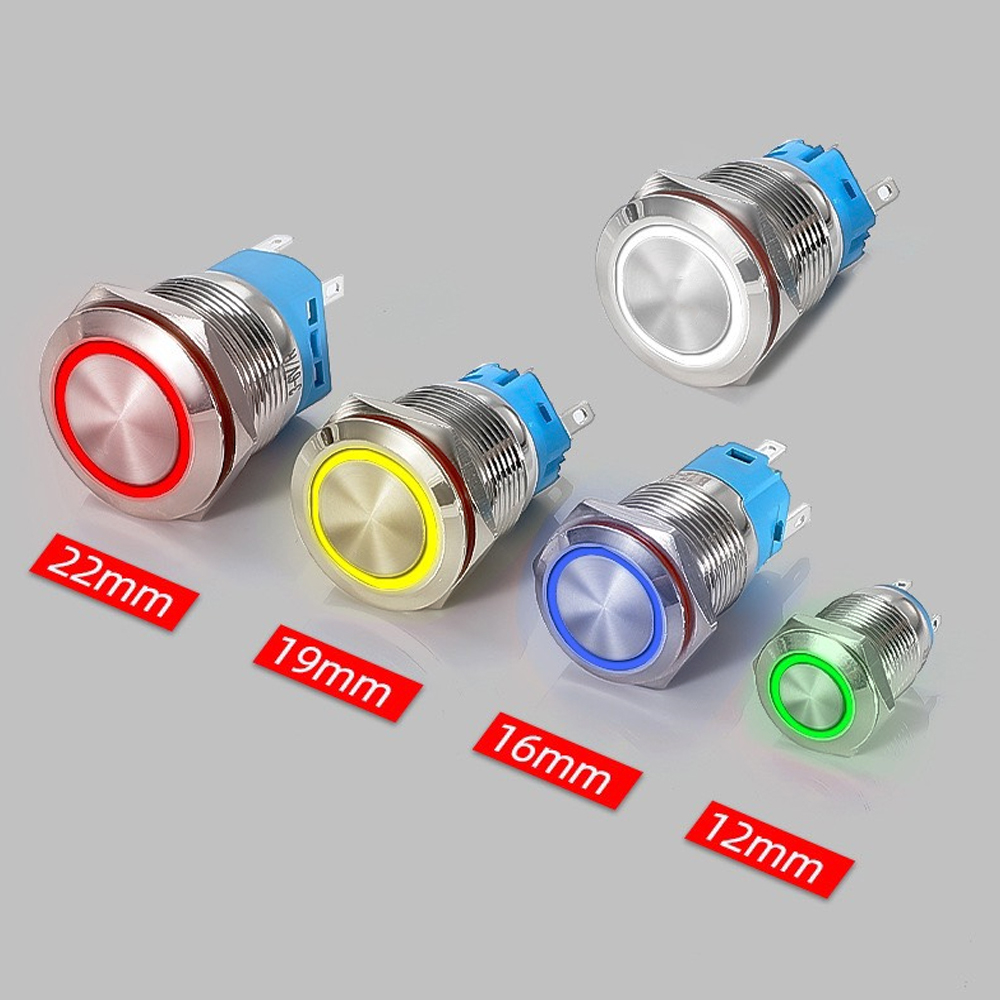 Nút công tắc nhấn nhả tự phục hồi có đèn LED 16mm 3-6V, 12-24V, 110-220V Thân vỏ Kim loại chống nước
