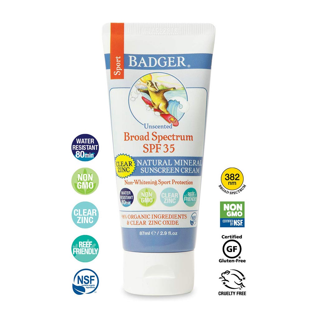 Kem Chống Nắng Thiên Nhiên Thể Thao Badger SPF 35 Clear Sport Sunscreen - Thuần vật lý, phổ rộng broad-spectrum, an toàn cho san hô, 98% thành phần hữu cơ