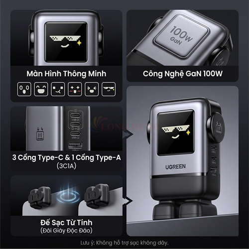 Cốc sạc Ugreen Uno RG GaN 1C Robot Fast Charger 100W 1USB 3Type-C X688 45514B - Hàng chính hãng