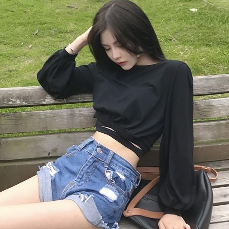 Áo thun nữ tay dài cổ tròn màu trơn