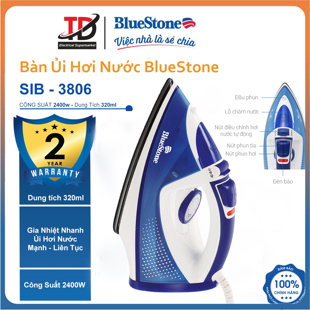 Bàn ủi hơi nước Bluestone SIB-3806 , Công Suất 2400W , Hàng Chính Hãng