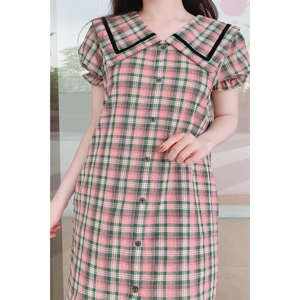 Đầm váy nữ 92WEAR đủ màu, đủ size, dáng suông ngắn tay kẻ caro viền lá cổ DXW0235 ! *